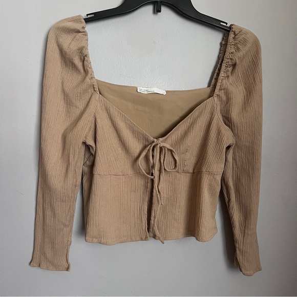 Oak + Fort Tan Cropped Sweetheart Blouse Size Small EUC - Picture 2 of 7